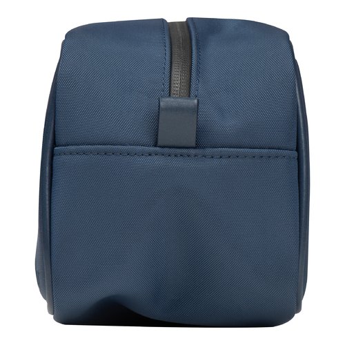 Beauty case blu scuro con cerniera.