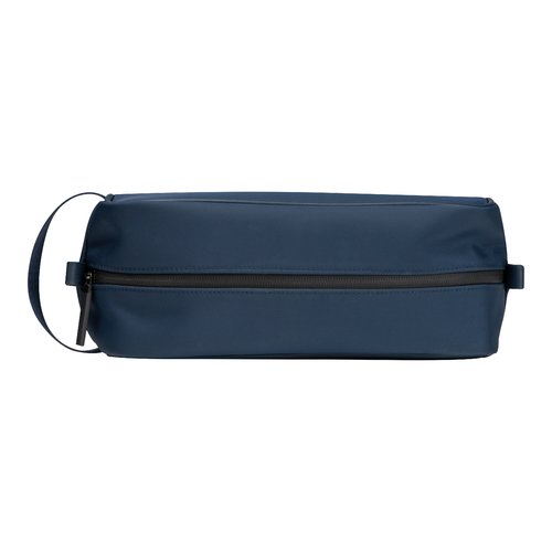 Trousse da toilette blu scuro con cerniera e passante.