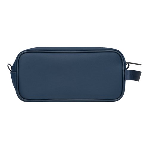 Beauty case in tessuto blu scuro con cerniera.