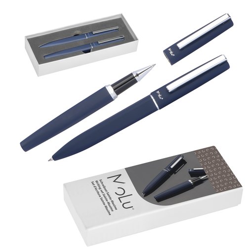 Set da scrittura blu con penna a sfera e roller in confezione regalo.
