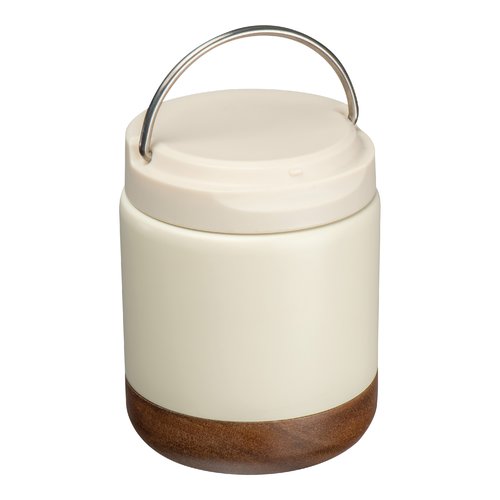 Contenitore per alimenti bianco con base in legno e manico in metallo.