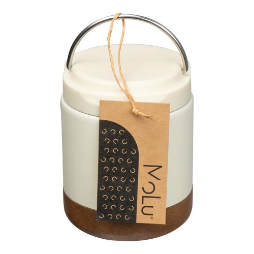 Contenitore per alimenti bianco con coperchio e manico.