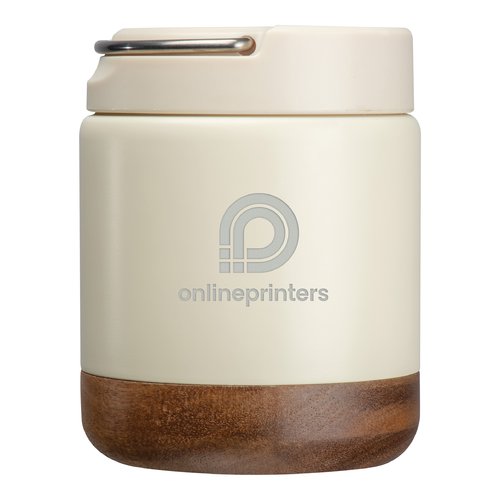 Contenitore per alimenti beige in acciaio inossidabile con base in legno e maniglia.