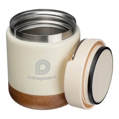 Contenitore per alimenti bianco in acciaio inox e legno con coperchio.
