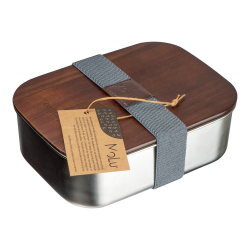 Porta pranzo grigio argento in metallo e legno con cinturino di chiusura.