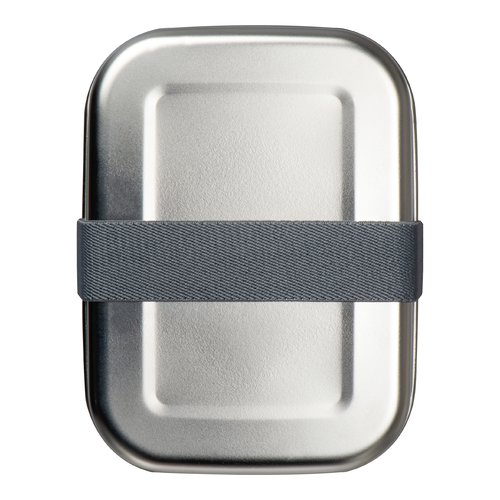 Portapranzo in metallo grigio argento con elastico.