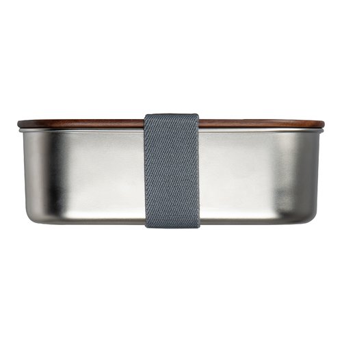 Portapranzo in metallo grigio argento con coperchio in legno ed elastico.