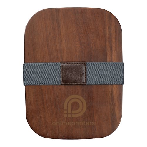 Portapranzo in legno marrone con fascia elastica.