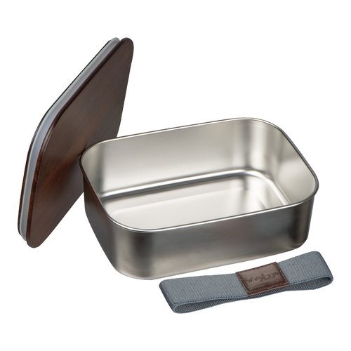 Portapranzo in metallo grigio argento con coperchio in legno e elastico.