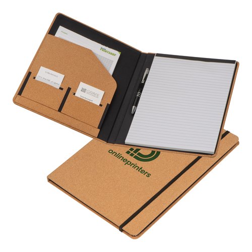 Cartella portadocumenti beige in sughero con passante per penna, blocco note e diverse tasche.