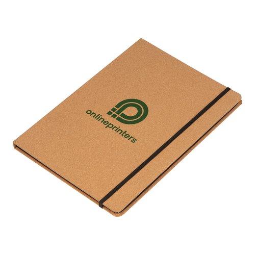 Cartella da scrittura beige in sughero con elastico.