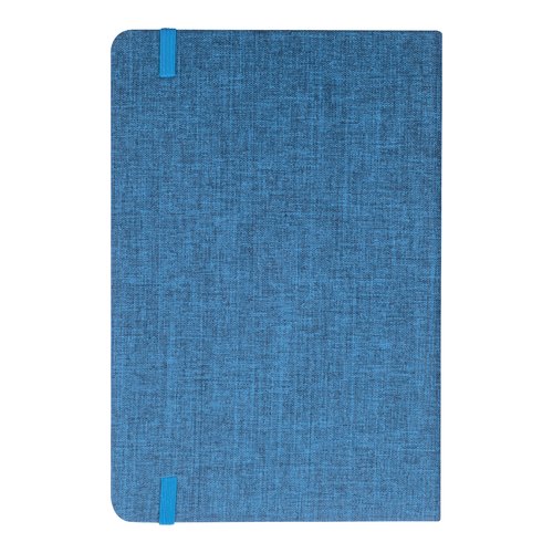 Taccuino blu con chiusura ad elastico.