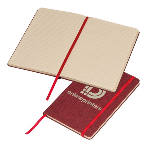 Quaderno rosso con elastico e segnalibro.