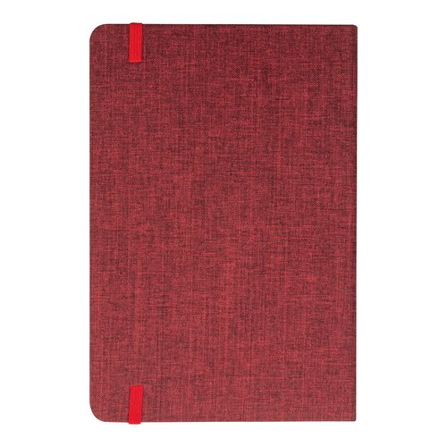 Quaderno rosso con chiusura a elastico.