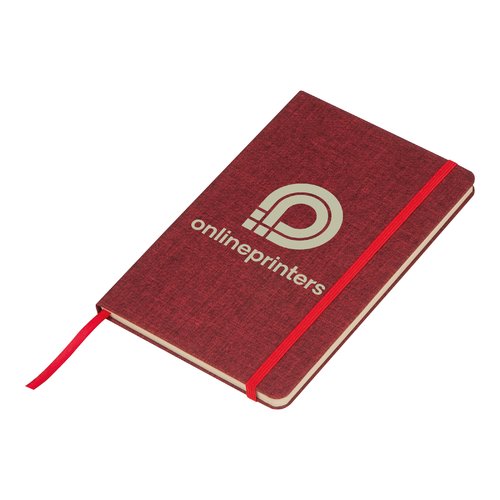 Quaderno rosso con elastico e segnalibro a nastro.