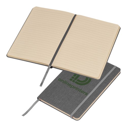 Quaderno grigio argento con elastico e segnalibro.