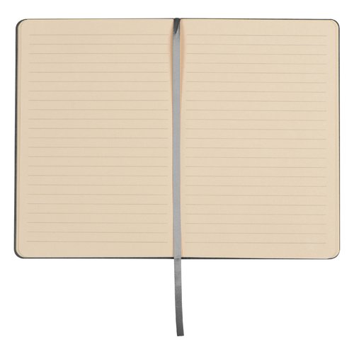Quaderno grigio argento con copertina rigida e segnalibro.