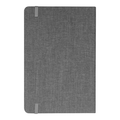Quaderno grigio argento con chiusura a elastico.