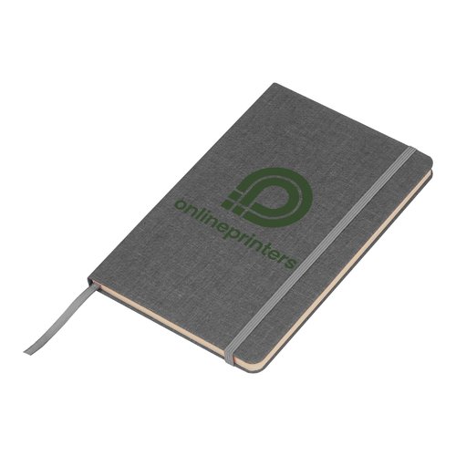 Quaderno grigio argento con chiusura elastica e segnalibro a nastro.