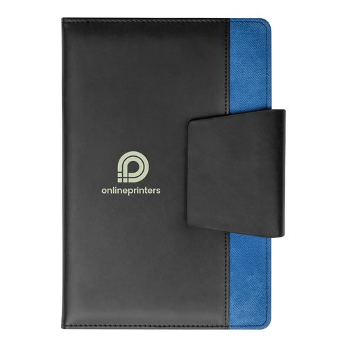 Quaderno blu con chiusura a patta.