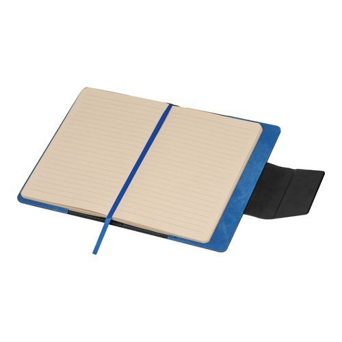 Quaderno blu con pagine a righe e segnalibro.