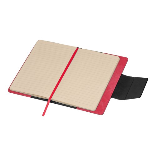Quaderno rosso con pagine a righe e segnalibro a nastro.