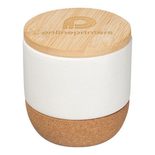 Barattolo in ceramica bianca con base in sughero e coperchio in bamb.