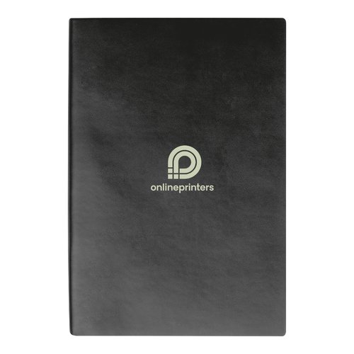 Quaderno nero con copertina rigida e cucitura a filo.