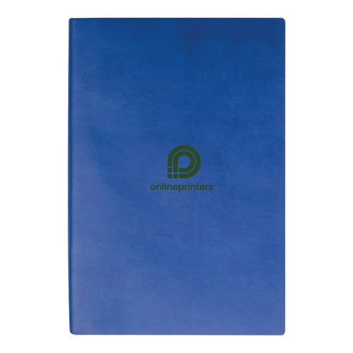 Quaderno blu con copertina rigida e pagine a righe.