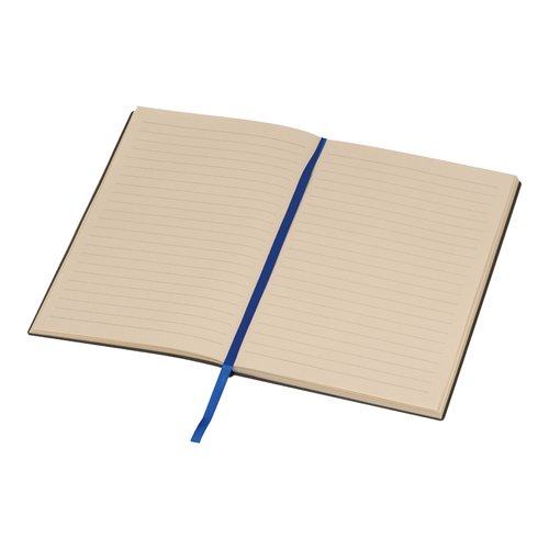 Quaderno blu con pagine a righe e segnalibro a nastro.