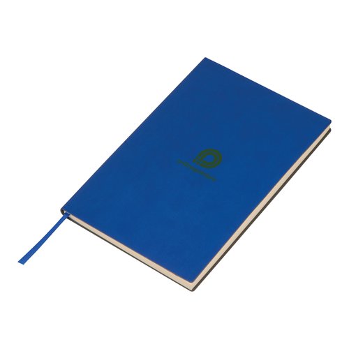 Quaderno blu con copertina rigida e segnalibro a nastro.