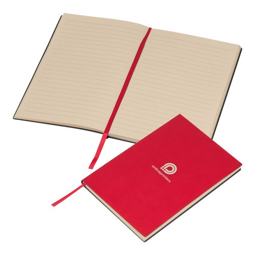 Taccuino rosso con copertina rigida e segnalibro a nastro.