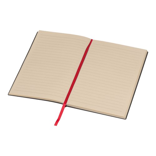 Quaderno rosso con copertina rigida e segnalibro.