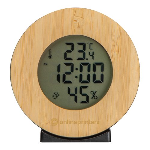 Stazione meteo in legno con display digitale e base nera.