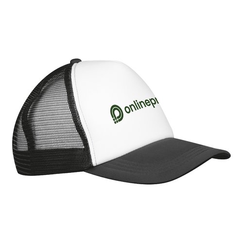 Cappellino da camionista nero con rete e chiusura regolabile.