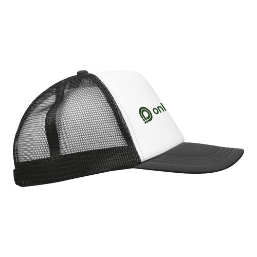 Cappellino da camionista nero con mesh e chiusura regolabile.