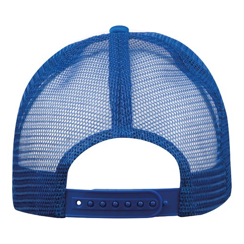 Cappellino da camionista blu in tessuto con rete e chiusura regolabile.
