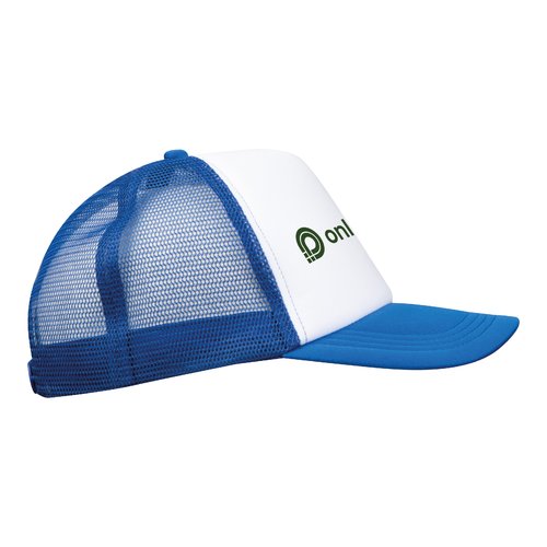 Cappellino da camionista blu con rete e chiusura regolabile.