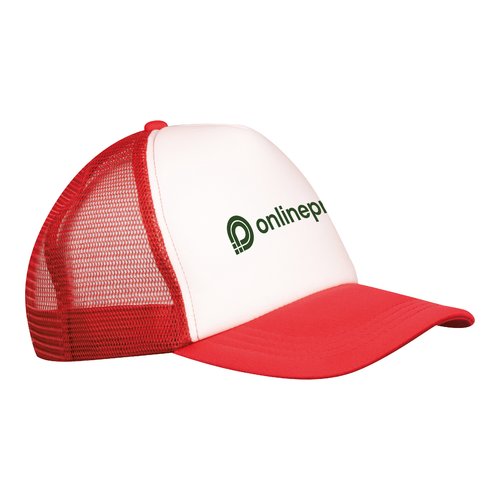 Cappellino da camionista rosso in poliestere con rete e chiusura regolabile.