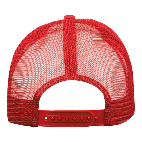 Cappellino da camionista rosso in poliestere con rete e chiusura regolabile.