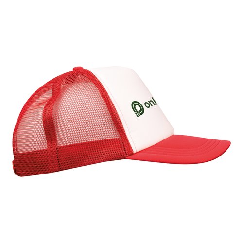 Cappellino da camionista rosso in tessuto a rete con chiusura regolabile.