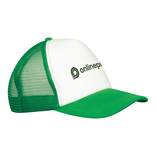Cappellino da camionista verde con rete e chiusura regolabile.