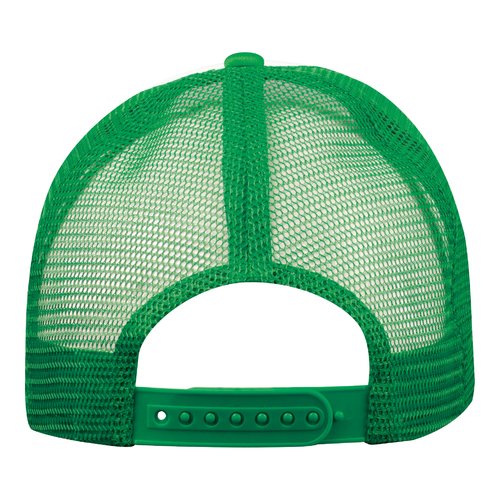 Cappellino da camionista verde in tessuto a rete traspirante con chiusura regolabile.