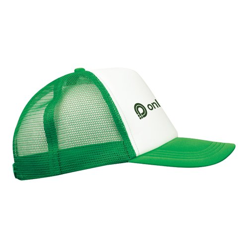 Cappellino da camionista verde con rete e chiusura regolabile.