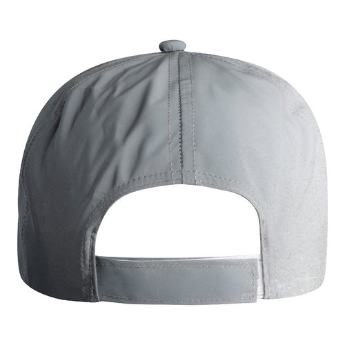 Cappellino da baseball grigio argento in materiale riflettente con cinturino regolabile.