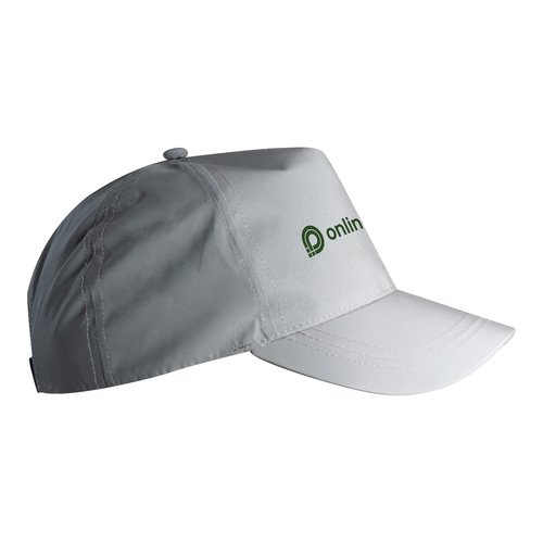 Cappellino da baseball grigio argento in materiale riflettente con cinturino regolabile.