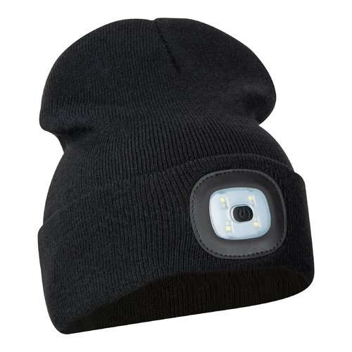 Berretto nero in maglia con lampada LED integrata.