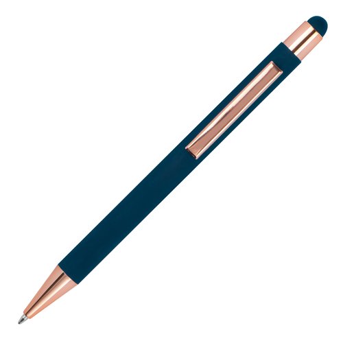 Penne a sfera blu scuro con touch pen e clip.