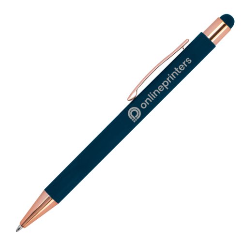 Penne a sfera in metallo blu scuro con touch pen e clip.
