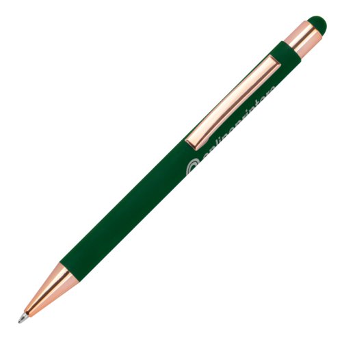 Penne a sfera verde scuro con touch pen e clip.